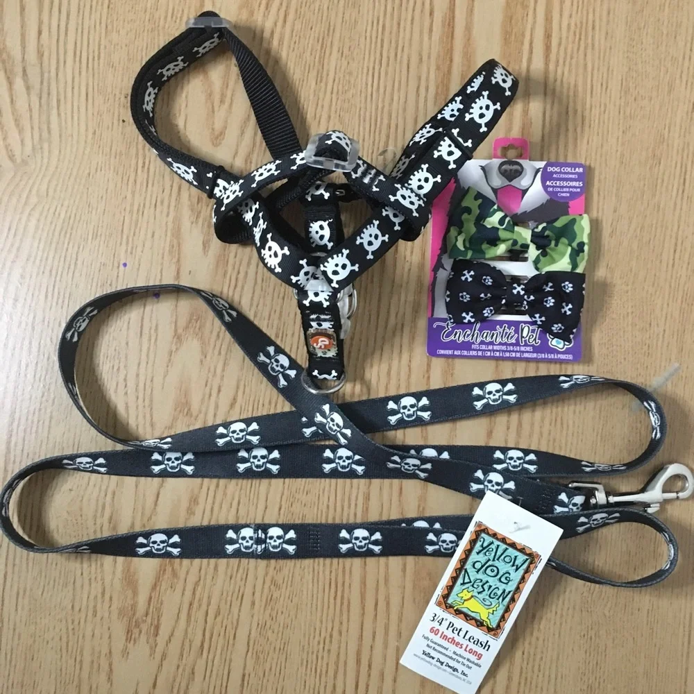 Bundle of 4 Doggie Harness 3/4” Leash 60” Long & 2 Collar Bowties Fits 3/8-5/8”